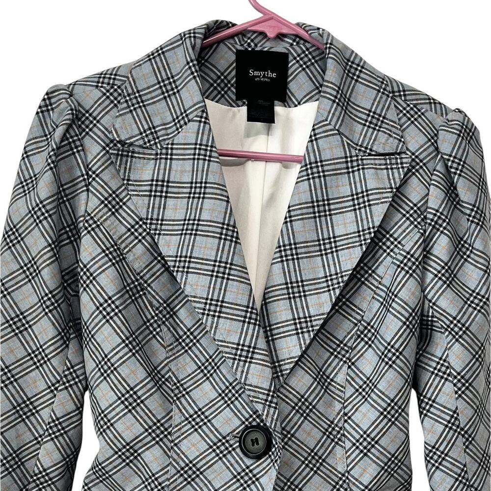 SMYTHE Duchess Plaid Blazer Blue Grey Leather Elbow Patches Size 4 - Picture 7 of 8